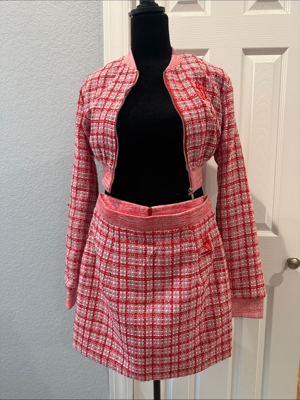 Red Plaid Tweed Cropped Jacket and A-Line Skirt Set